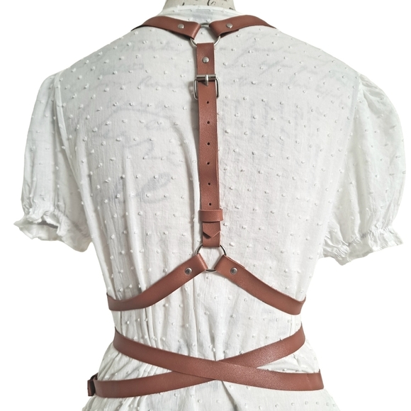 Faux leather brown Underbust adjustable harness suspenders sexy waist belt - Picture 12 of 15